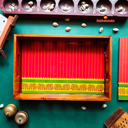 PRE BOOKING - Kanchipuram Weaves - Pattu Collection (Red) Wooden Tray 12x8