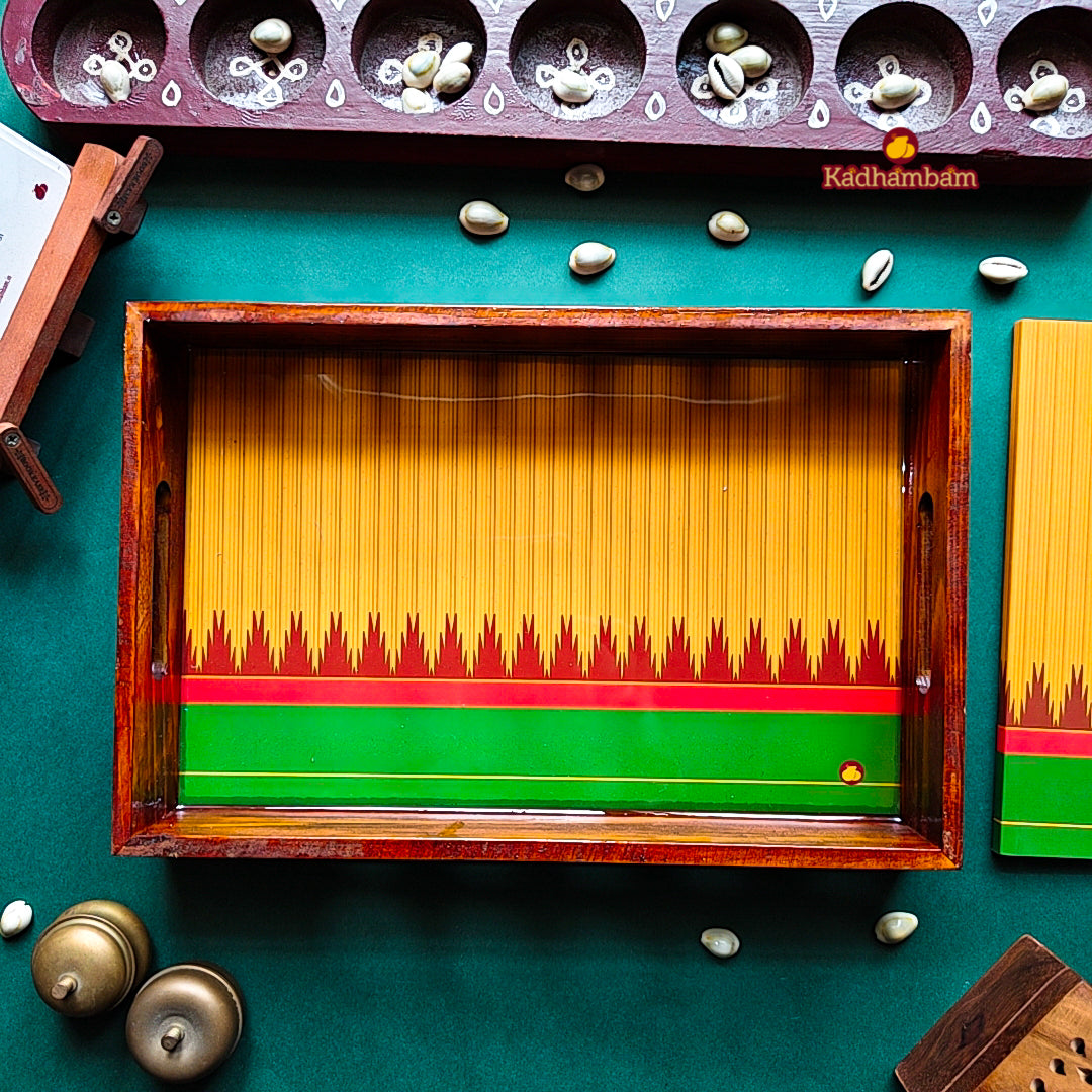 PRE BOOKING - Kanchipuram Weaves - Pattu Collection (Yellow Green) Wooden Tray 12x8
