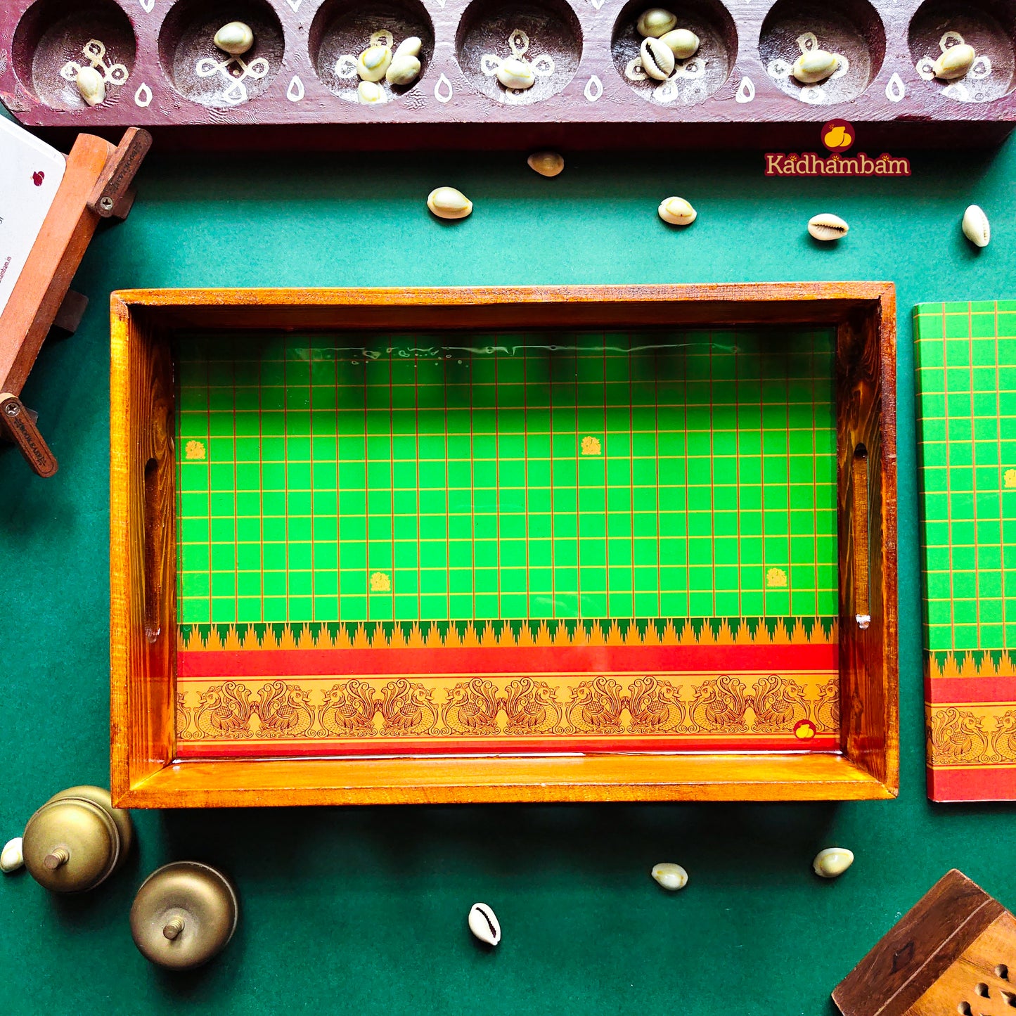 PRE BOOKING - Kanchipuram Weaves - Pattu Collection(Green) Wooden Tray 12x8