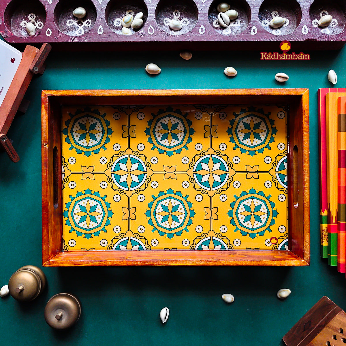PRE BOOKING - Chettinadu Heritage Aathangudi Tiles Collection (Yellow) - Wooden Tray